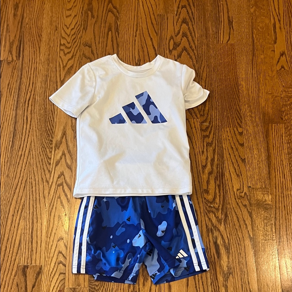 adidas White Tee with Blue Camo Logo & Blue Camo Shorts